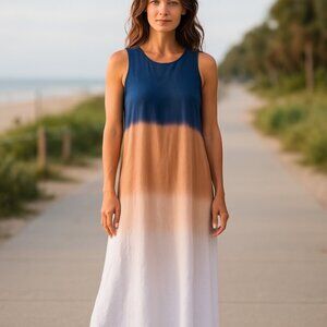 Elegant Blue and Tan Ombre Maxi Dress M